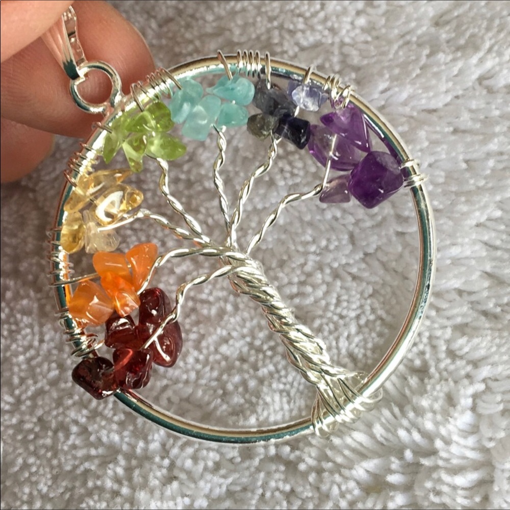 Natural Stones Chakra Tree of Life - circle pendant on black cord